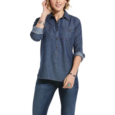 Ariat Washed Twill Popover - Overhemd DonkerBlauw Dames - 17898-193